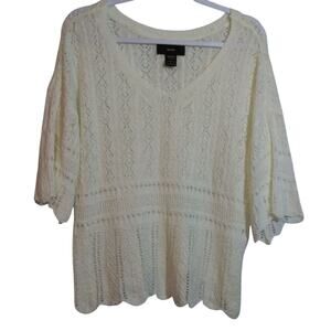 Rain Cream Crochet Lace Knit Sweater V neck Top Boho Cottagecore Size S